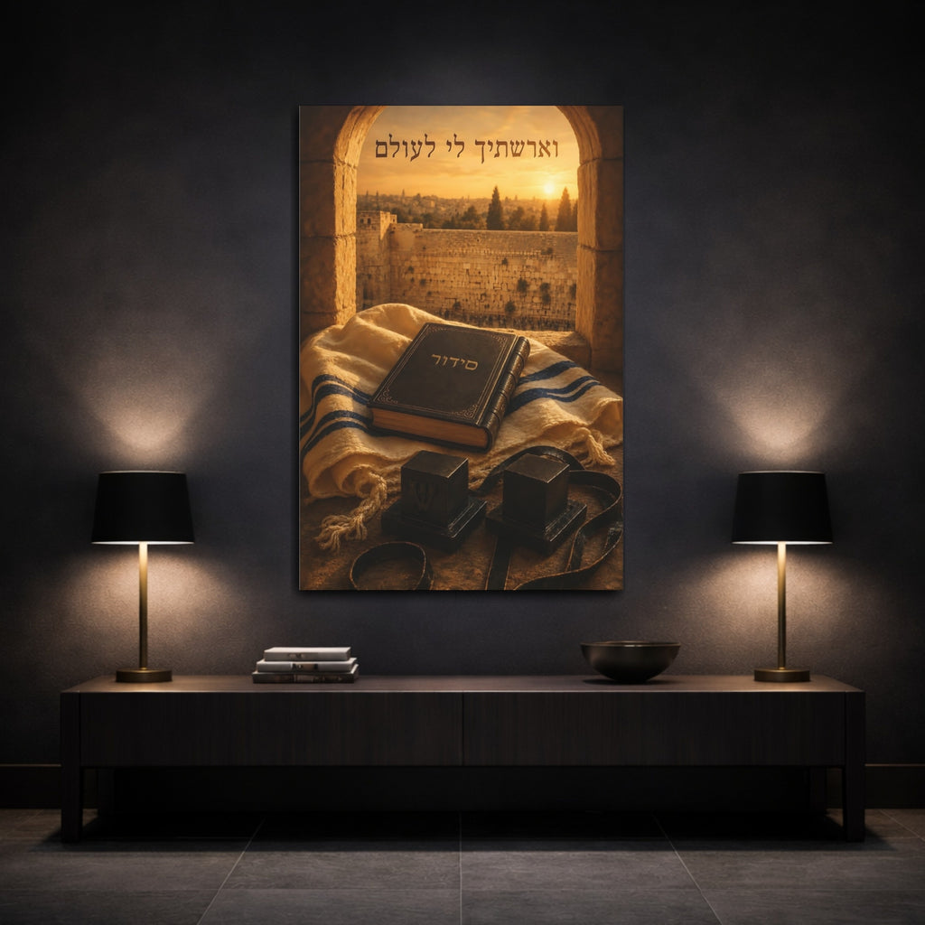Mockup 3. Religious Jewish Prayer Items Golden Jewish Prayer shown as stretched canvas wall art