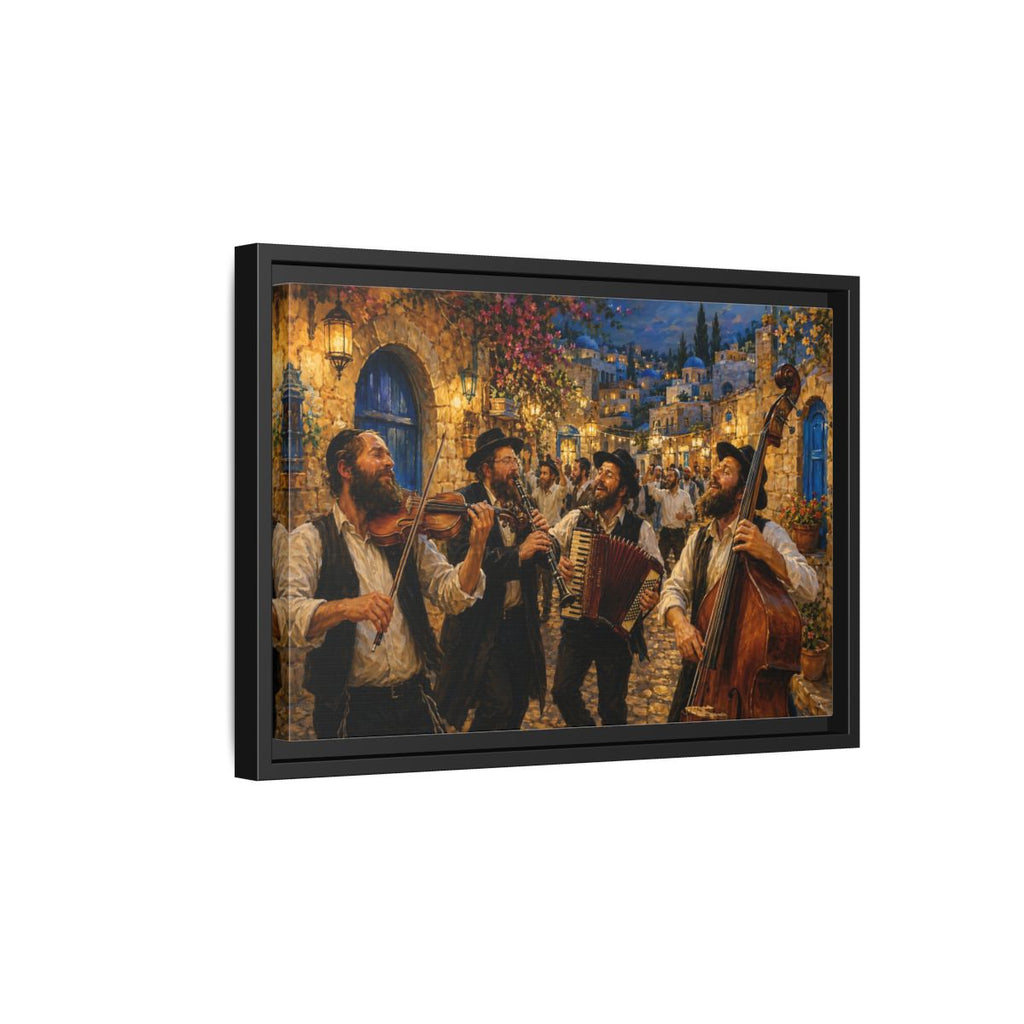 Side Mockup 6. Religious Klezmer Band Gold And Blue shown as stretched canvas wall art