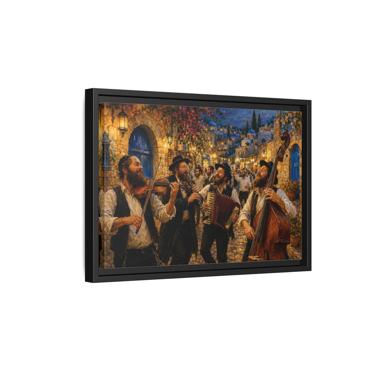Side Mockup 6. Religious Klezmer Band Gold And Blue shown as stretched canvas wall art