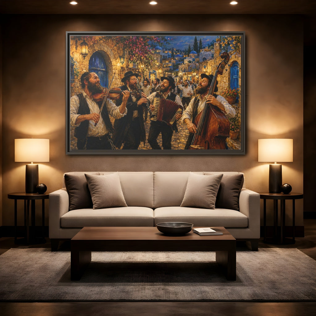 Mockup 2. Religious Klezmer Band Gold And Blue shown as stretched canvas wall art