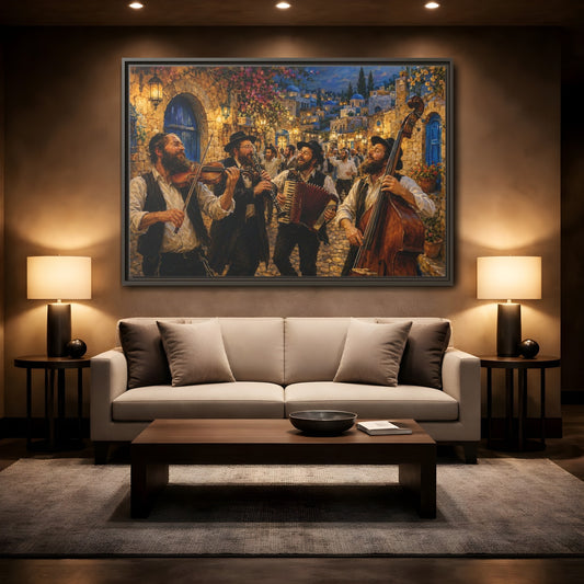 Mockup 2. Religious Klezmer Band Gold And Blue shown as stretched canvas wall art