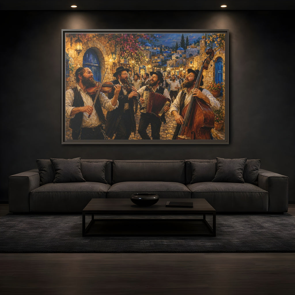 Mockup 3. Religious Klezmer Band Gold And Blue shown as stretched canvas wall art