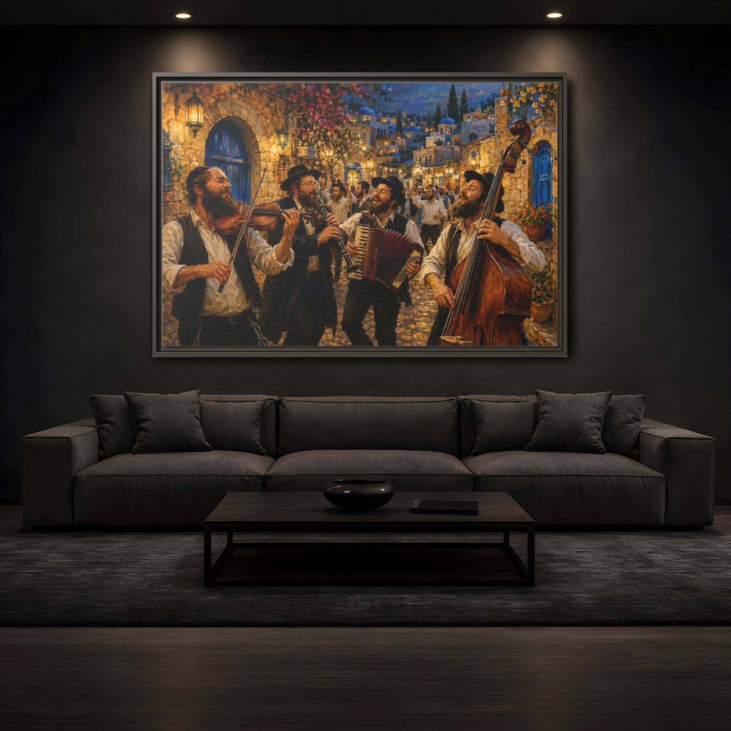 Mockup 3. Religious Klezmer Band Gold And Blue shown as stretched canvas wall art