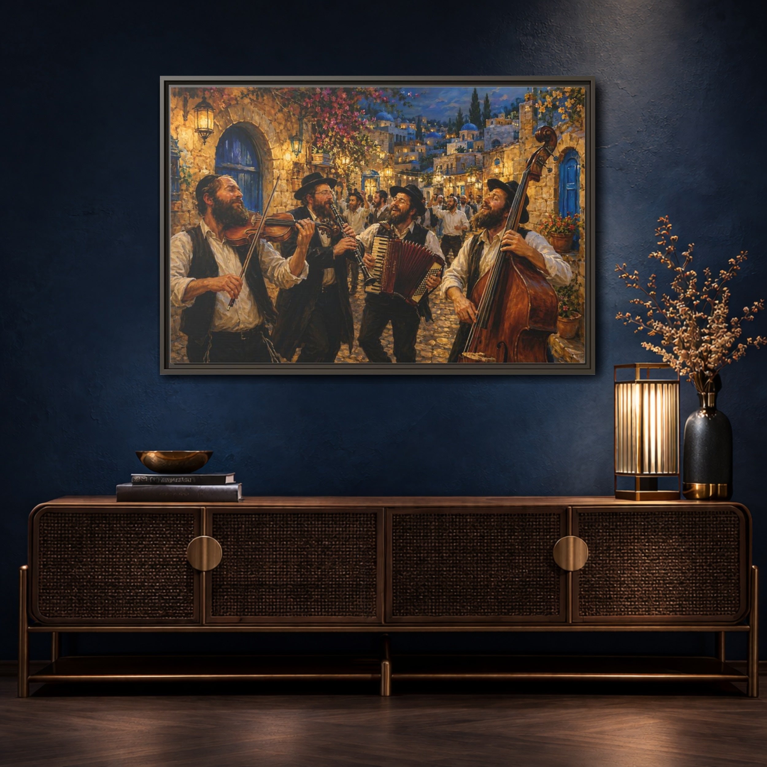 Mockup 4. Religious Klezmer Band Gold And Blue shown as stretched canvas wall art