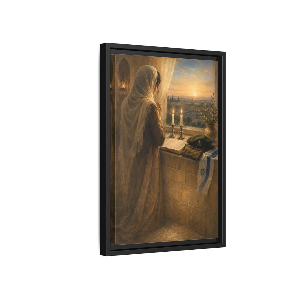 Side Mockup 6. Religious Praying Woman Spiritual Sunset shown as stretched canvas wall art