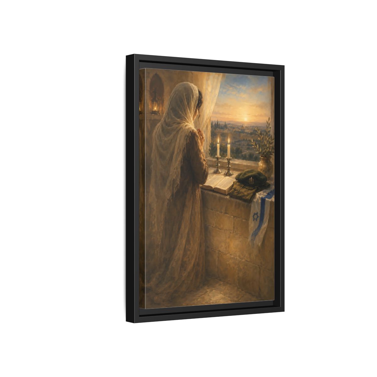 Side Mockup 6. Religious Praying Woman Spiritual Sunset shown as stretched canvas wall art