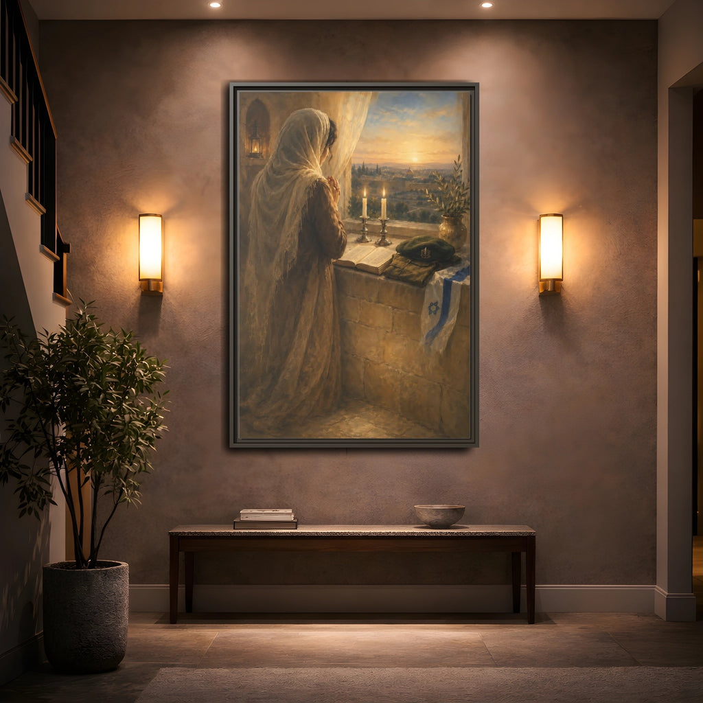 Mockup 2. Religious Praying Woman Spiritual Sunset shown as stretched canvas wall art