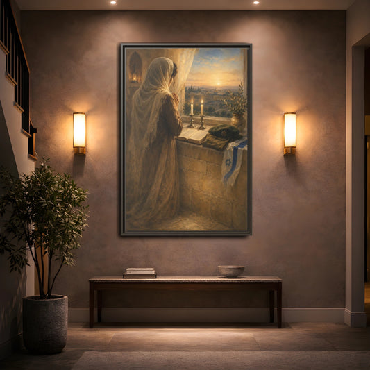 Mockup 2. Religious Praying Woman Spiritual Sunset shown as stretched canvas wall art