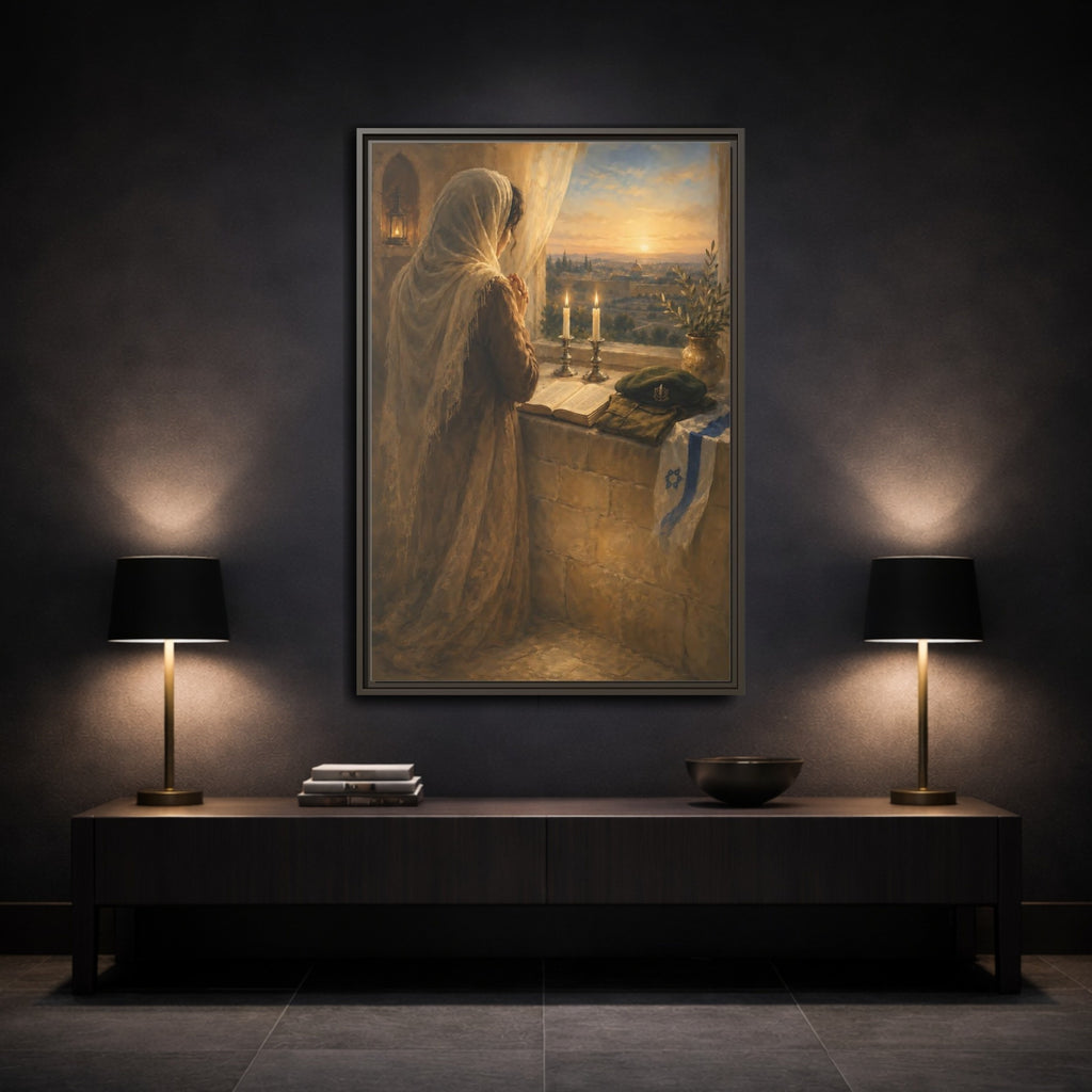 Mockup 3. Religious Praying Woman Spiritual Sunset shown as stretched canvas wall art