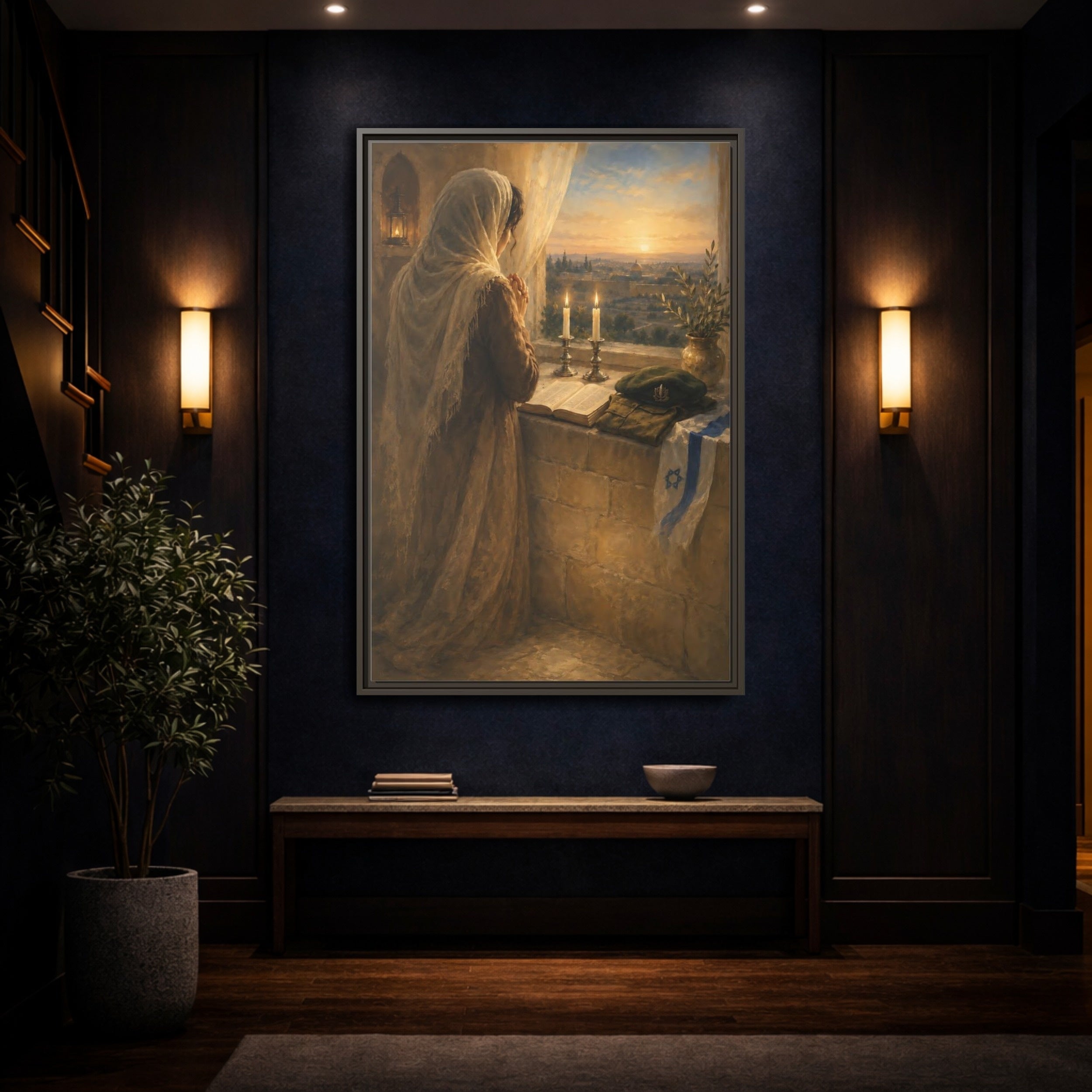 Mockup 4. Religious Praying Woman Spiritual Sunset shown as stretched canvas wall art