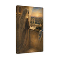 Side Mockup 4. Religious Praying Woman Warm Tones shown as stretched canvas wall art