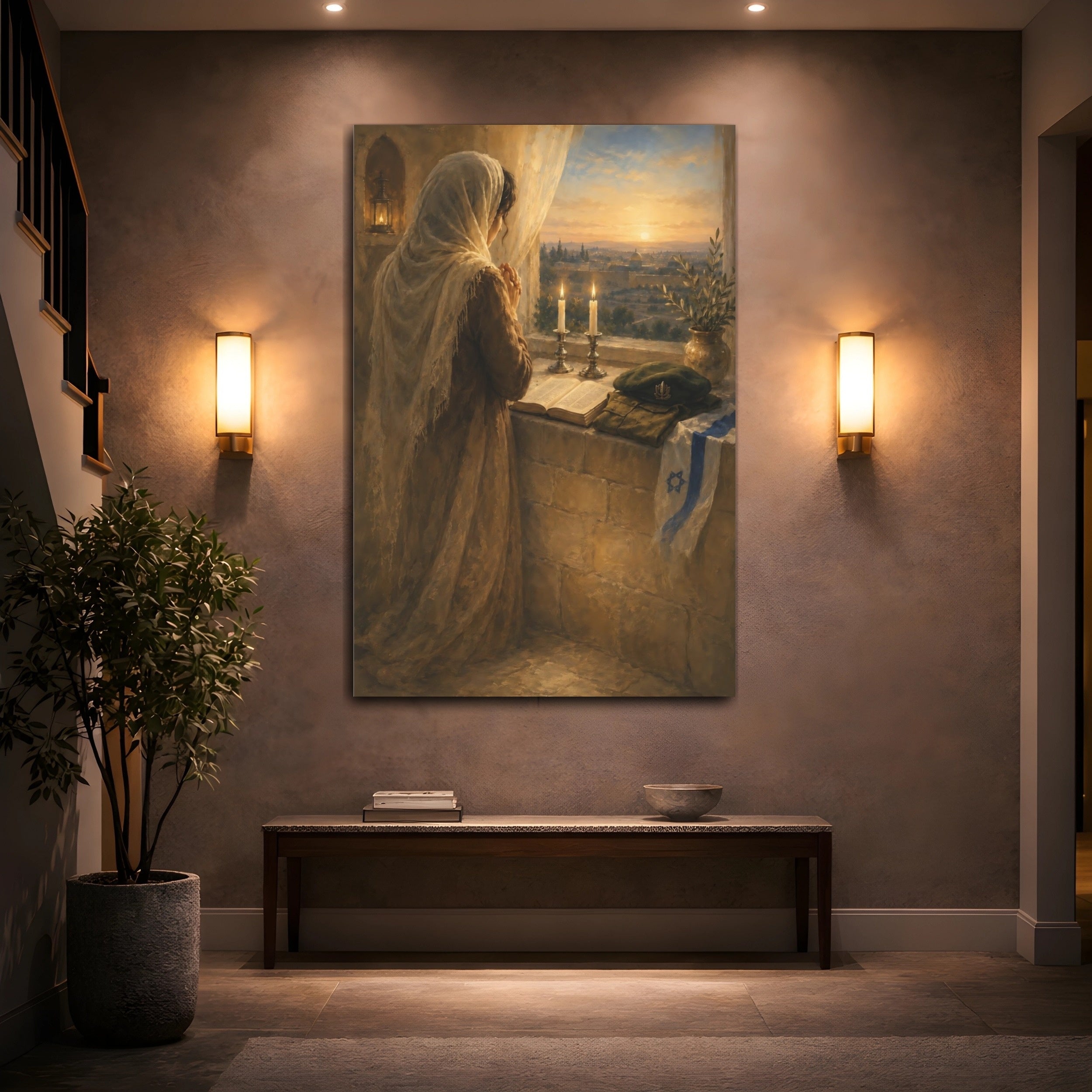 Mockup 2. Religious Praying Woman Warm Tones shown as stretched canvas wall art