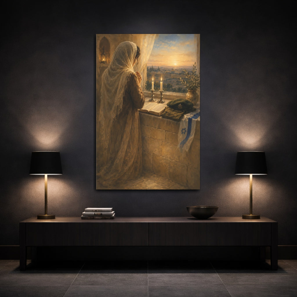 Mockup 3. Religious Praying Woman Warm Tones shown as stretched canvas wall art