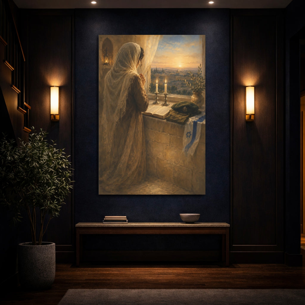 Mockup 4. Religious Praying Woman Warm Tones shown as stretched canvas wall art