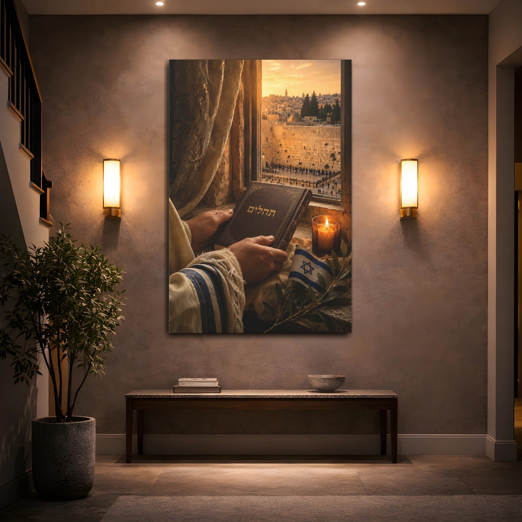 Mockup 2. Religious Religious Book Jerusalem Prayer shown as stretched canvas wall art