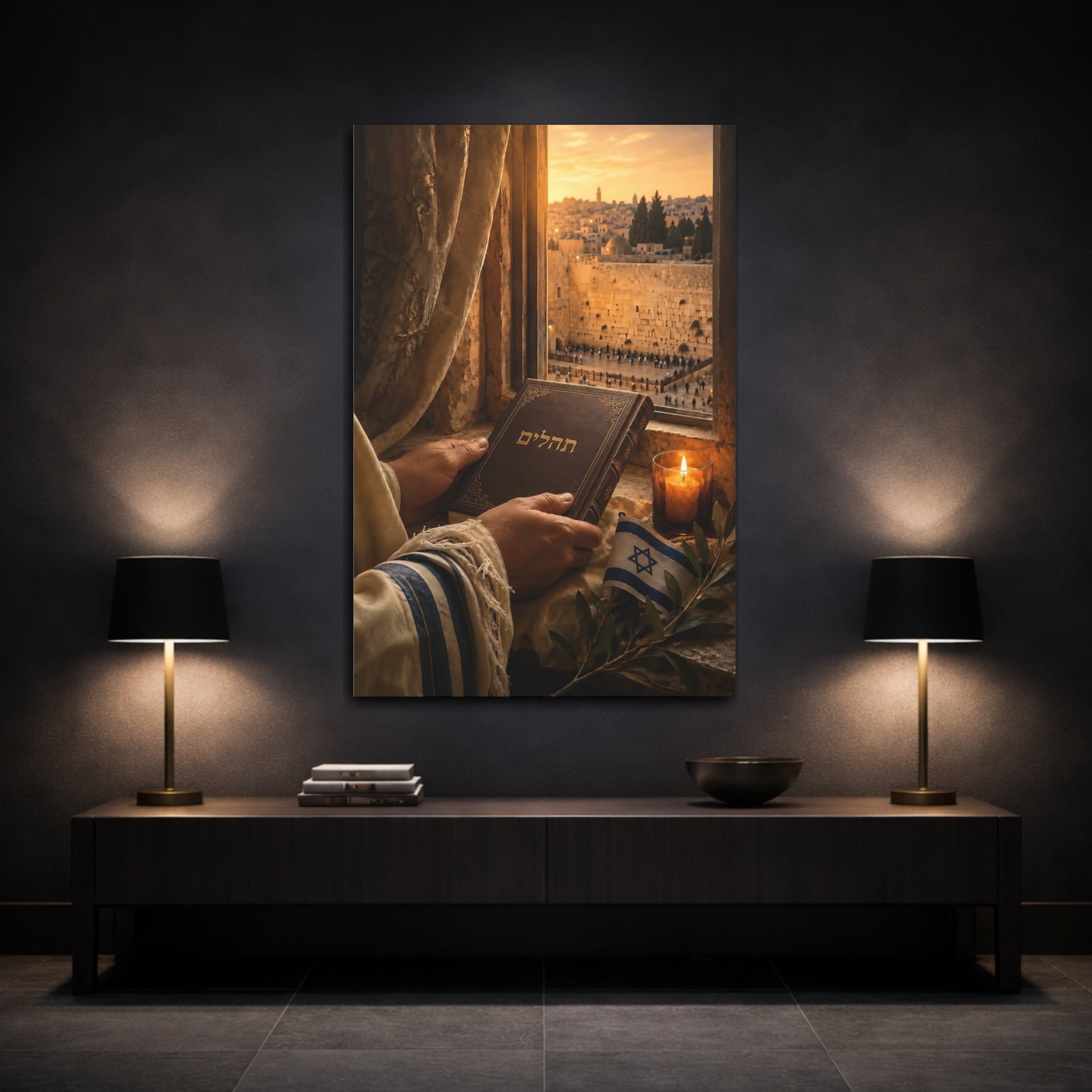 Mockup 3. Religious Religious Book Jerusalem Prayer shown as stretched canvas wall art