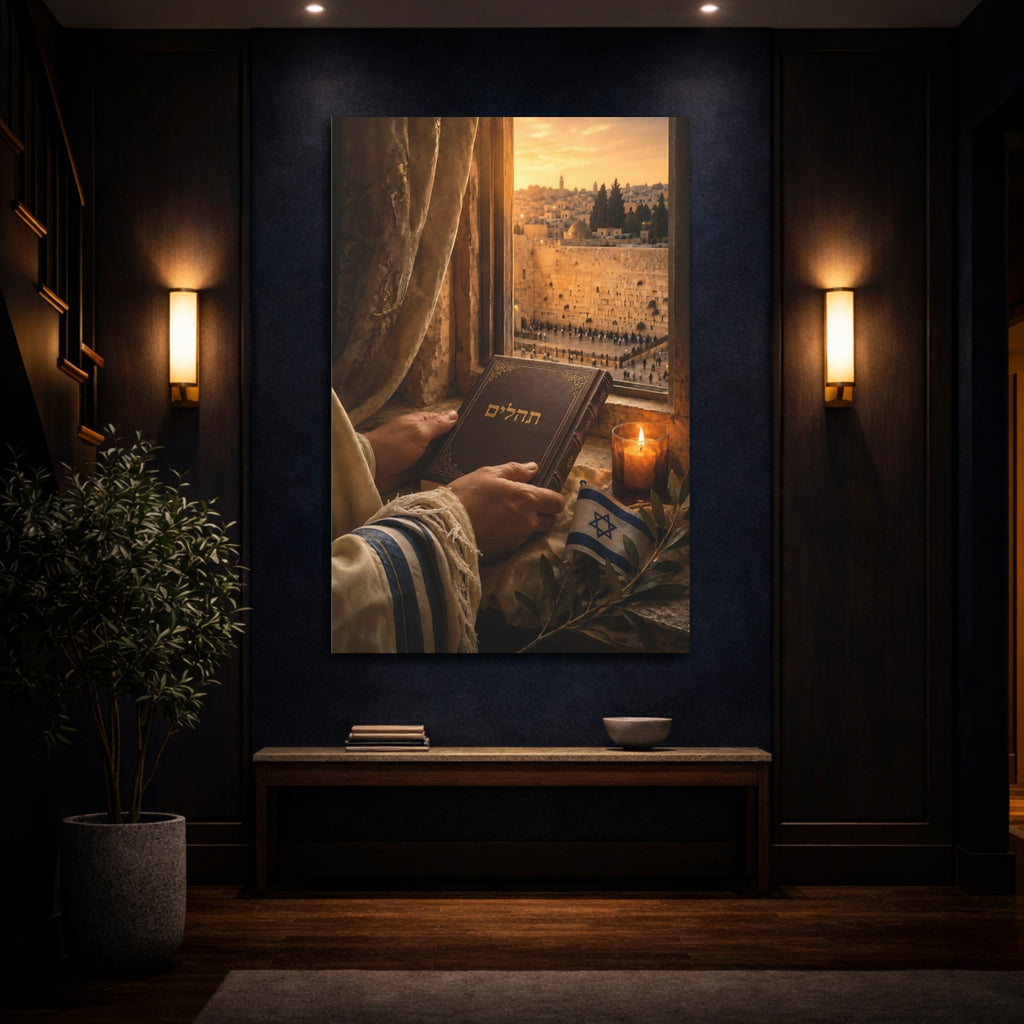 Mockup 4. Religious Religious Book Jerusalem Prayer shown as stretched canvas wall art