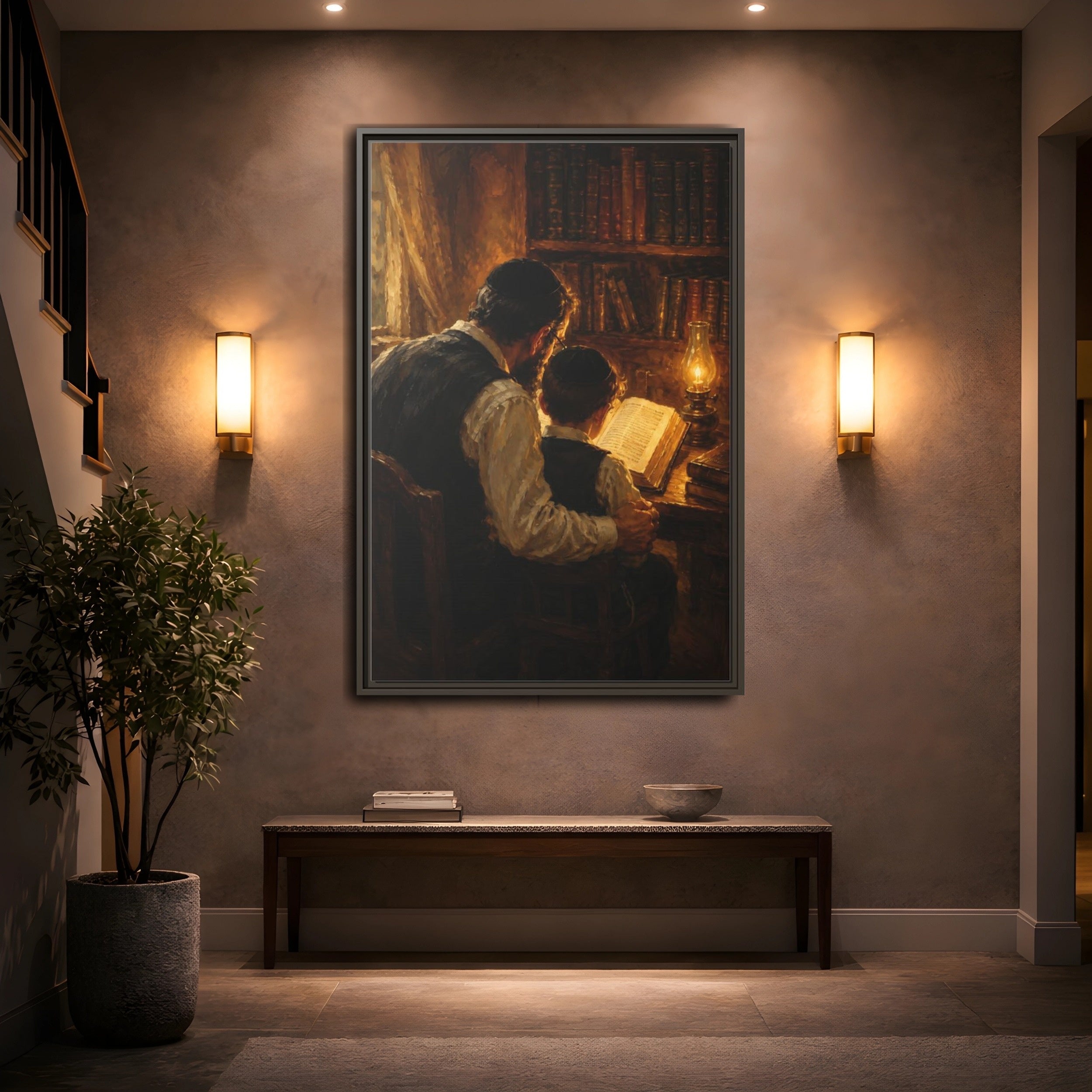 Mockup 2. Religious Religious Study Brown And Gold shown as stretched canvas wall art