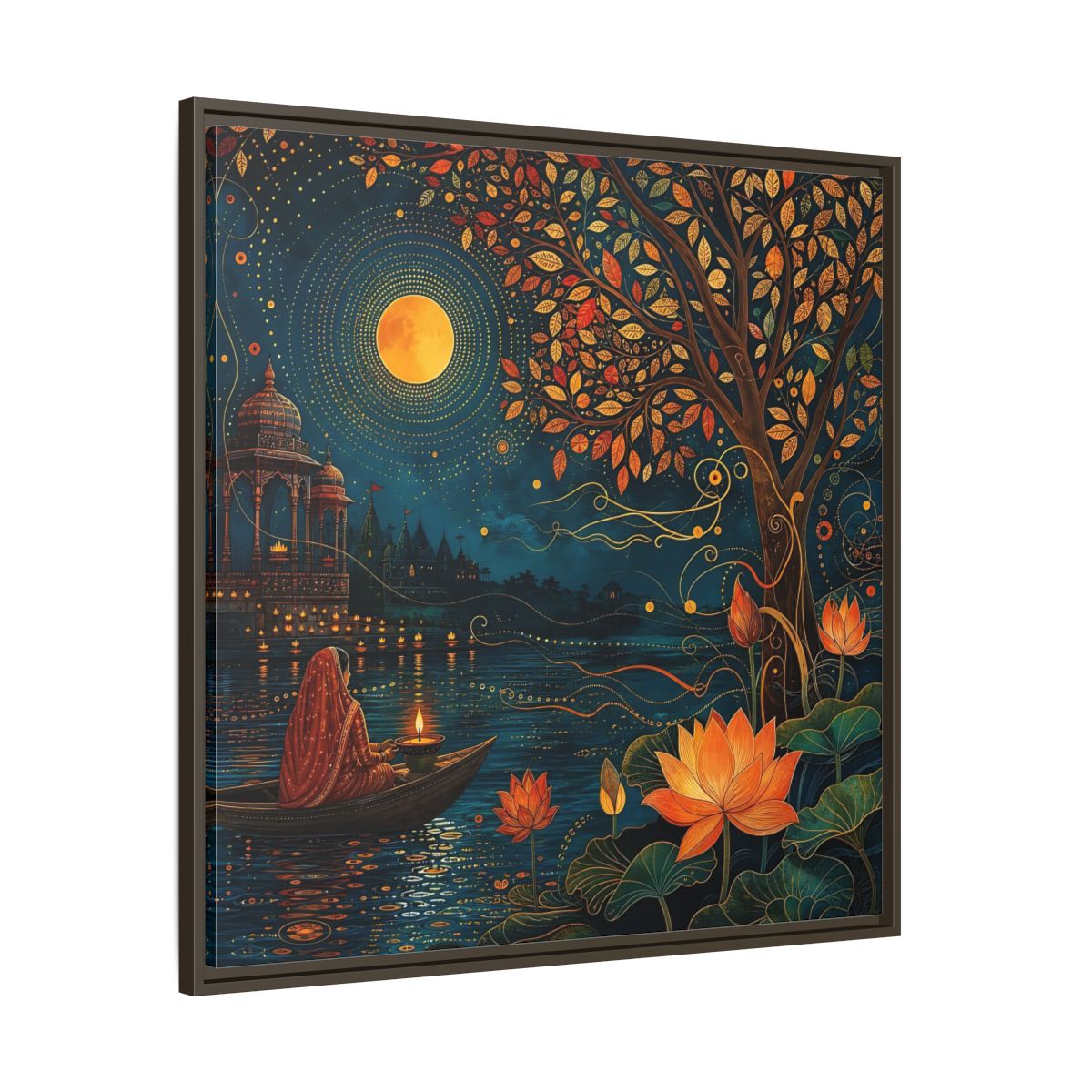 Main Mockup. Religious River Puja Indian Night Scene shown as stretched canvas wall art