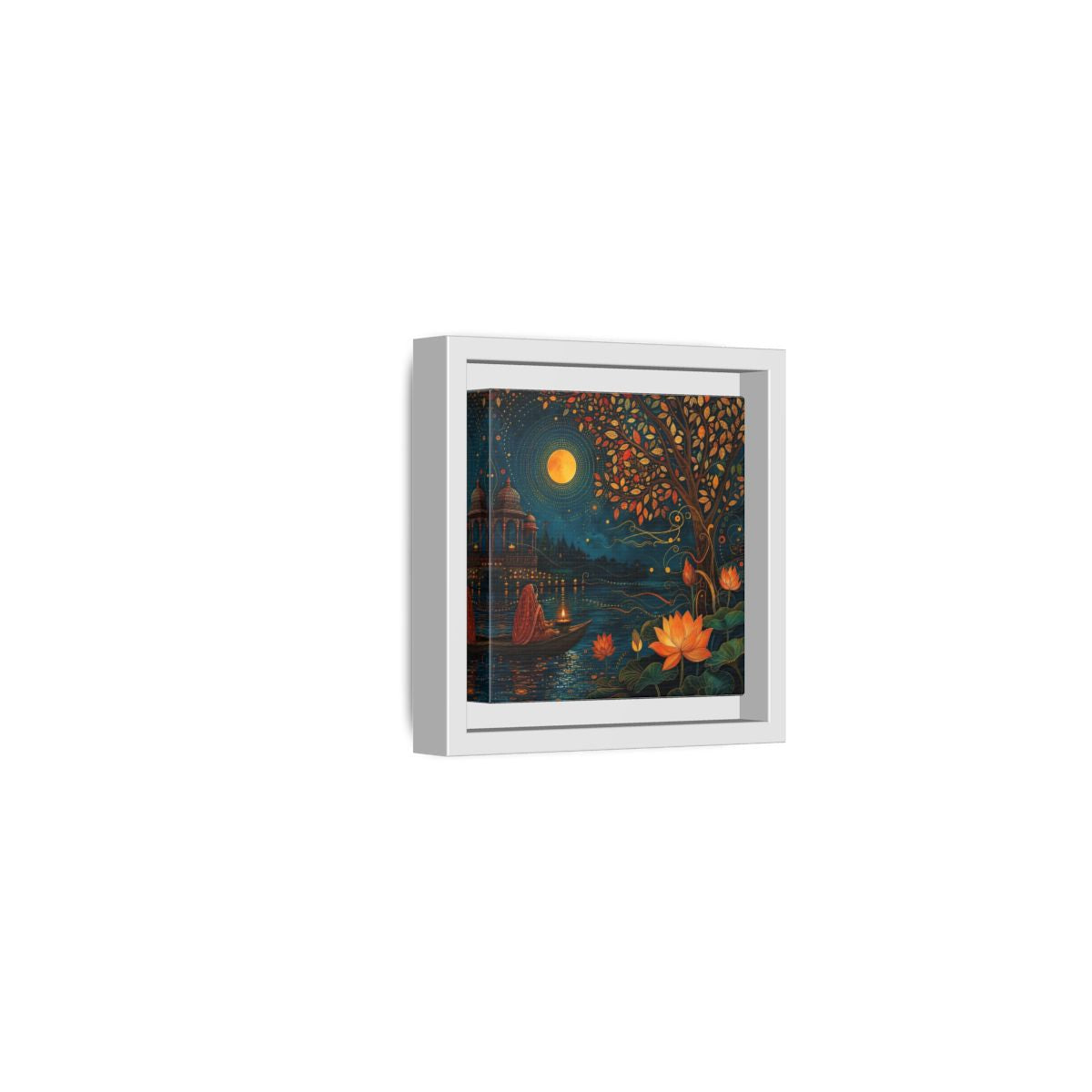 Side Mockup 22. Religious River Puja Indian Night Scene shown as stretched canvas wall art