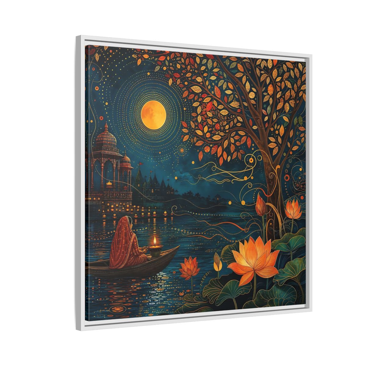 Side Mockup 7. Religious River Puja Indian Night Scene shown as stretched canvas wall art