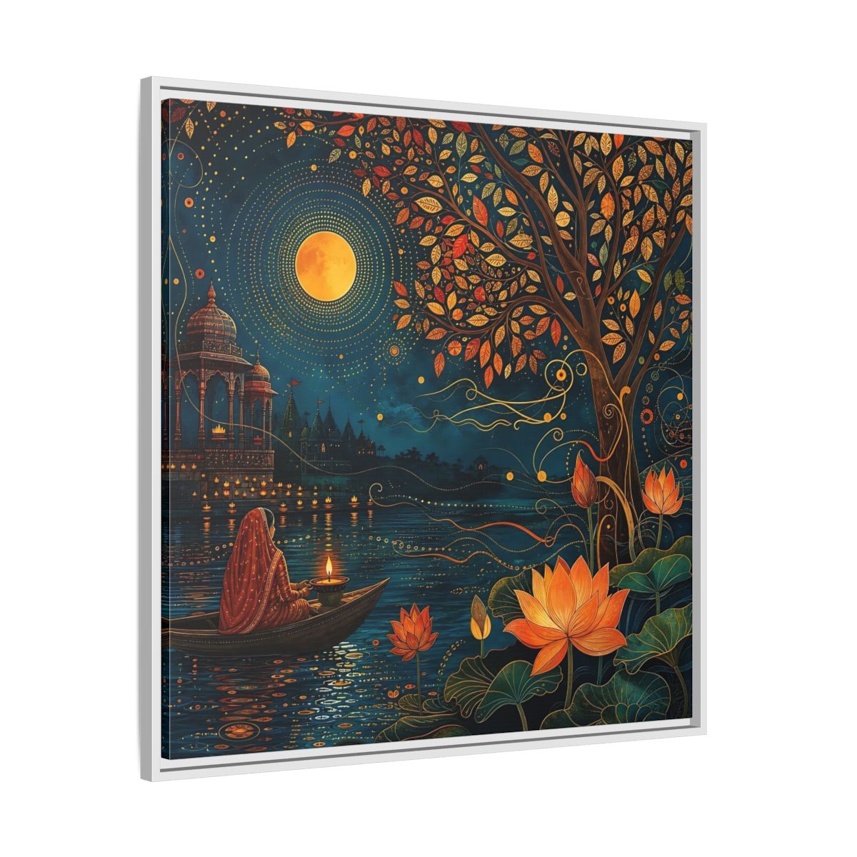 Side Mockup 25. Religious River Puja Indian Night Scene shown as stretched canvas wall art