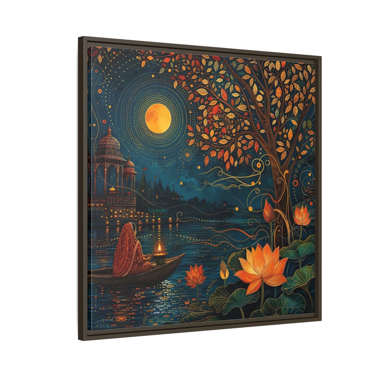 Side Mockup 8. Religious River Puja Indian Night Scene shown as stretched canvas wall art