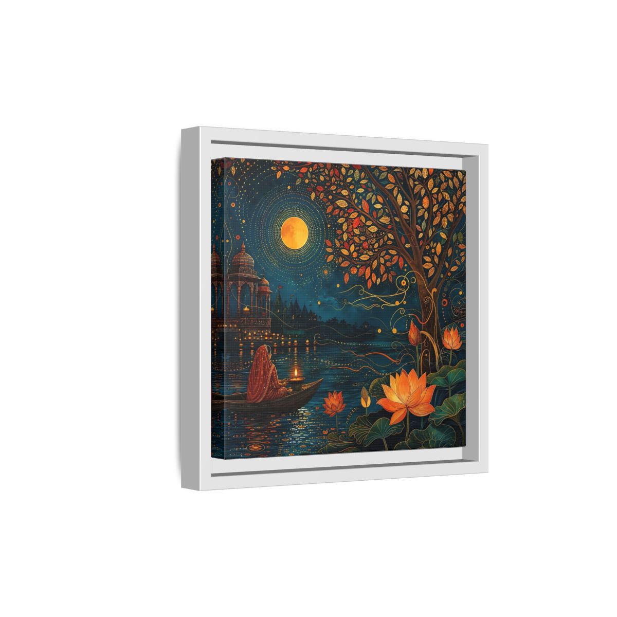 Side Mockup 19. Religious River Puja Indian Night Scene shown as stretched canvas wall art