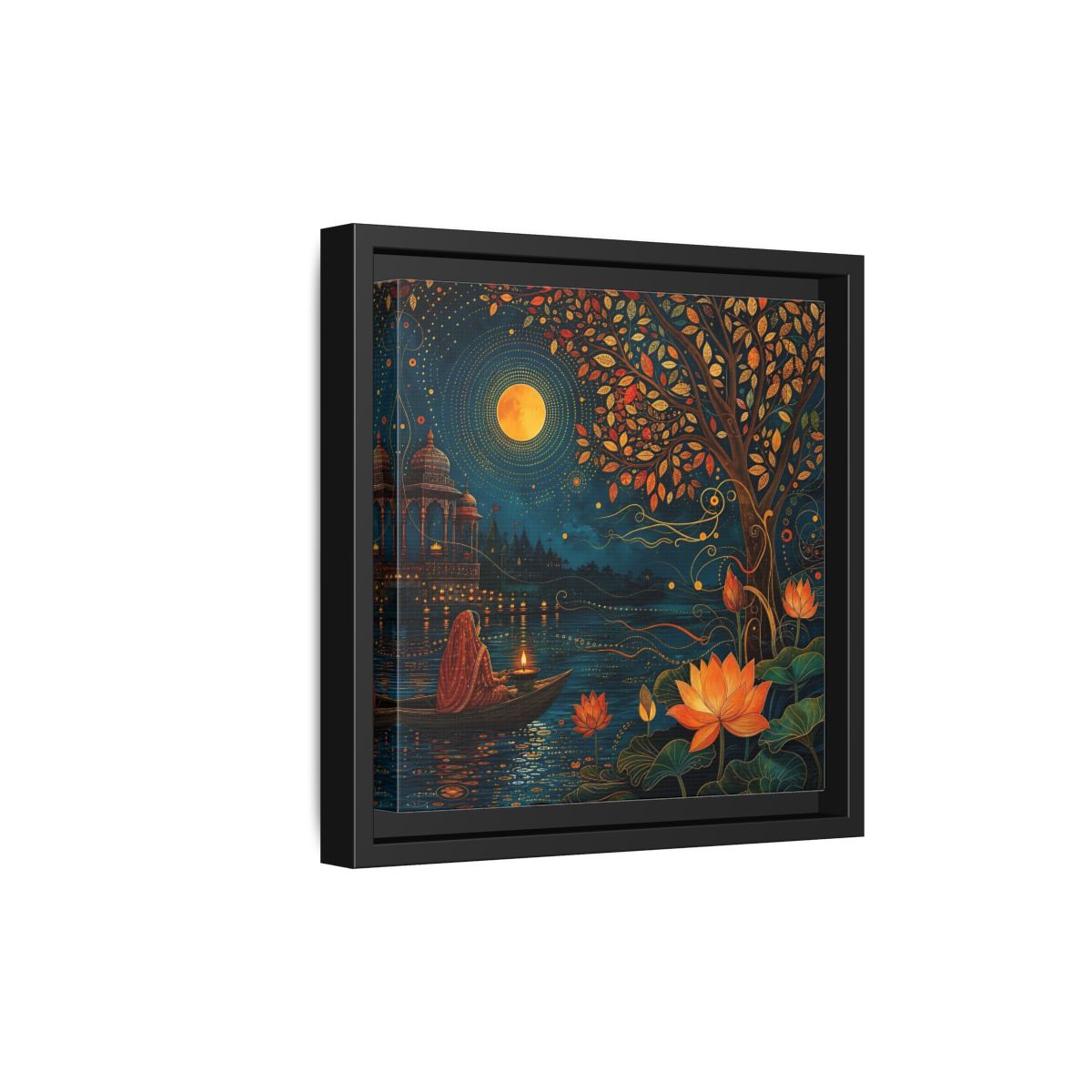 Side Mockup 21. Religious River Puja Indian Night Scene shown as stretched canvas wall art