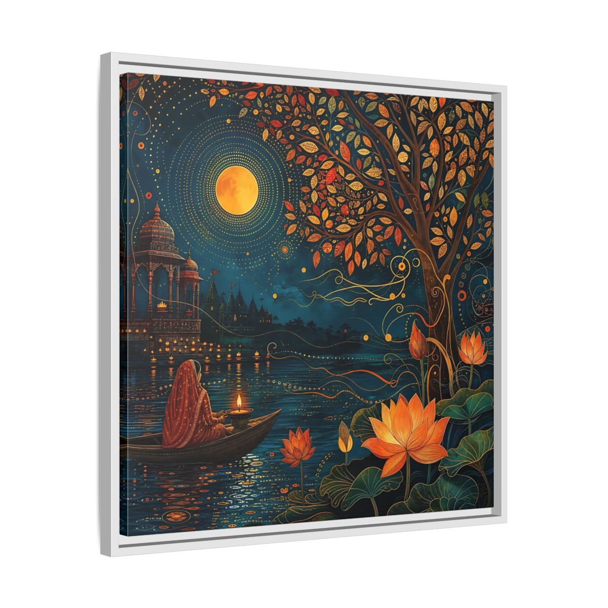 Side Mockup 26. Religious River Puja Indian Night Scene shown as stretched canvas wall art