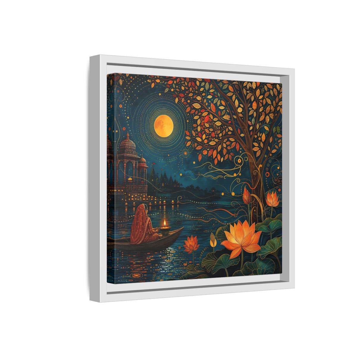 Side Mockup 16. Religious River Puja Indian Night Scene shown as stretched canvas wall art