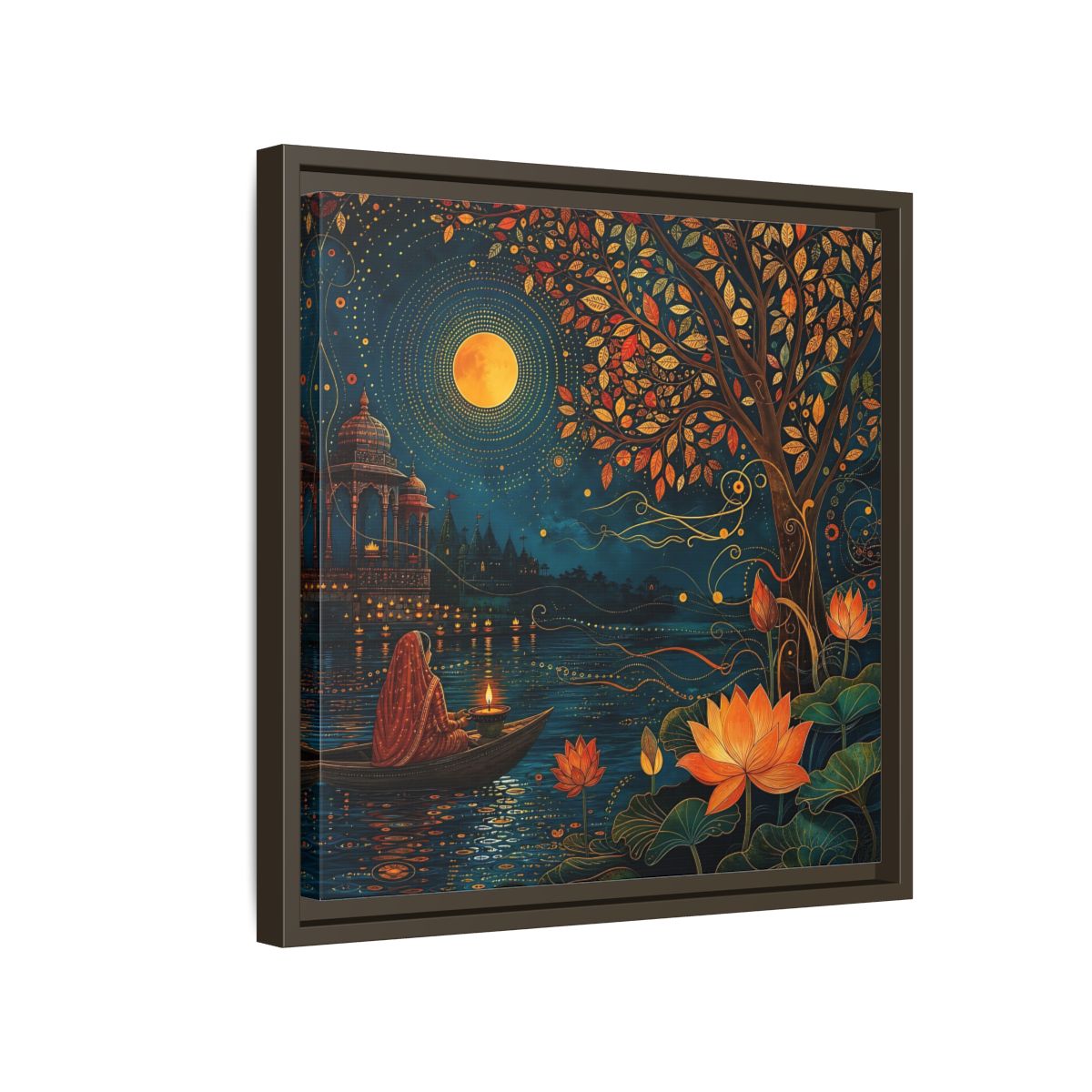 Side Mockup 14. Religious River Puja Indian Night Scene shown as stretched canvas wall art