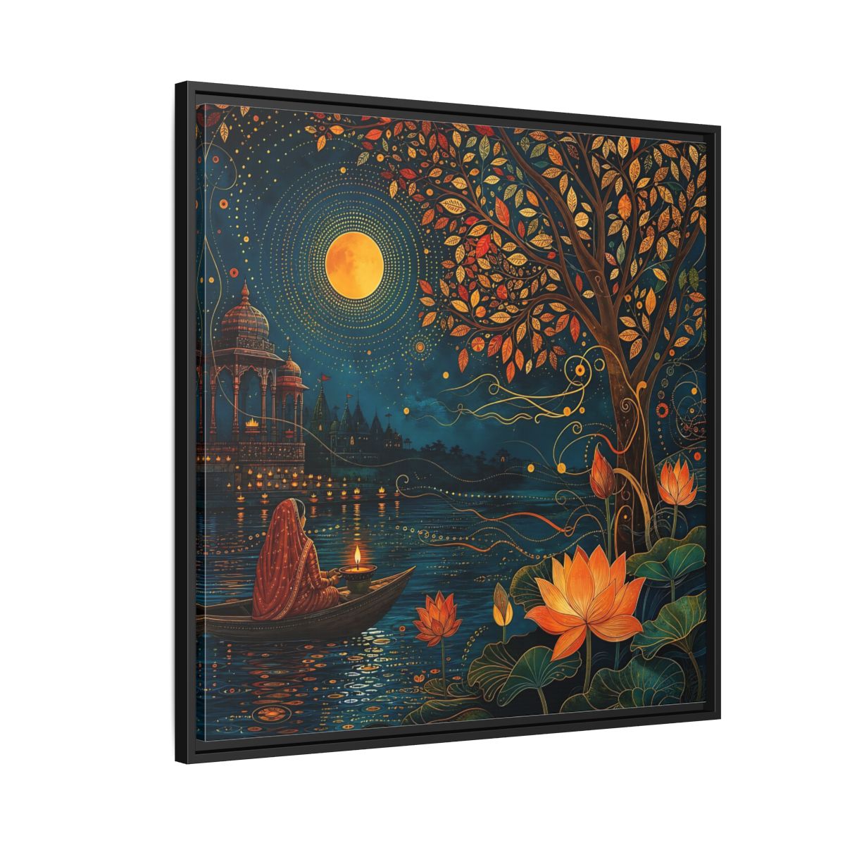 Side Mockup 9. Religious River Puja Indian Night Scene shown as stretched canvas wall art