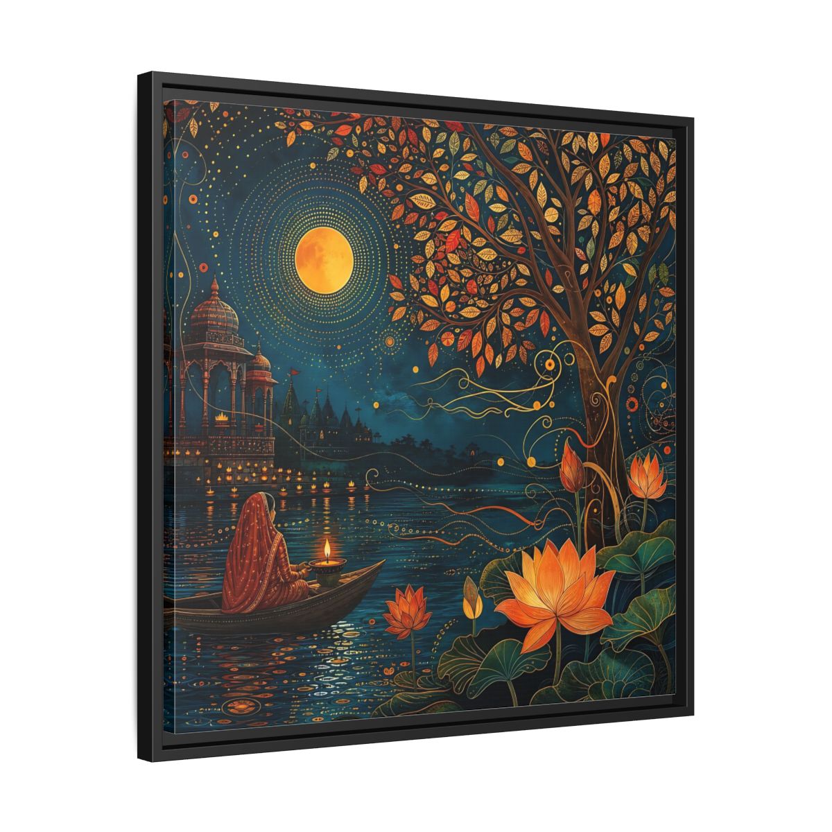 Side Mockup 31. Religious River Puja Indian Night Scene shown as stretched canvas wall art
