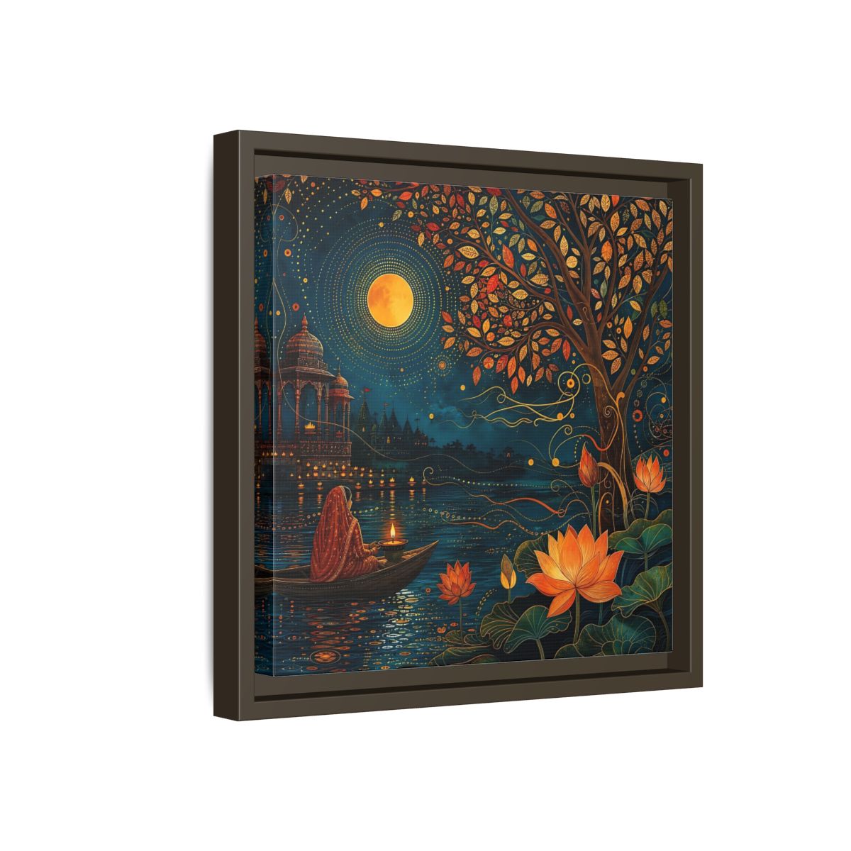 Side Mockup 17. Religious River Puja Indian Night Scene shown as stretched canvas wall art