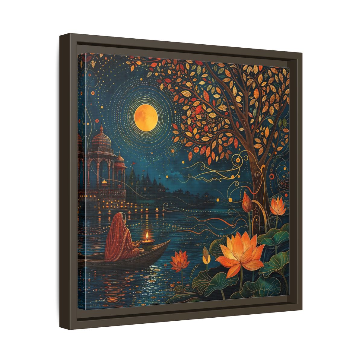 Side Mockup 29. Religious River Puja Indian Night Scene shown as stretched canvas wall art