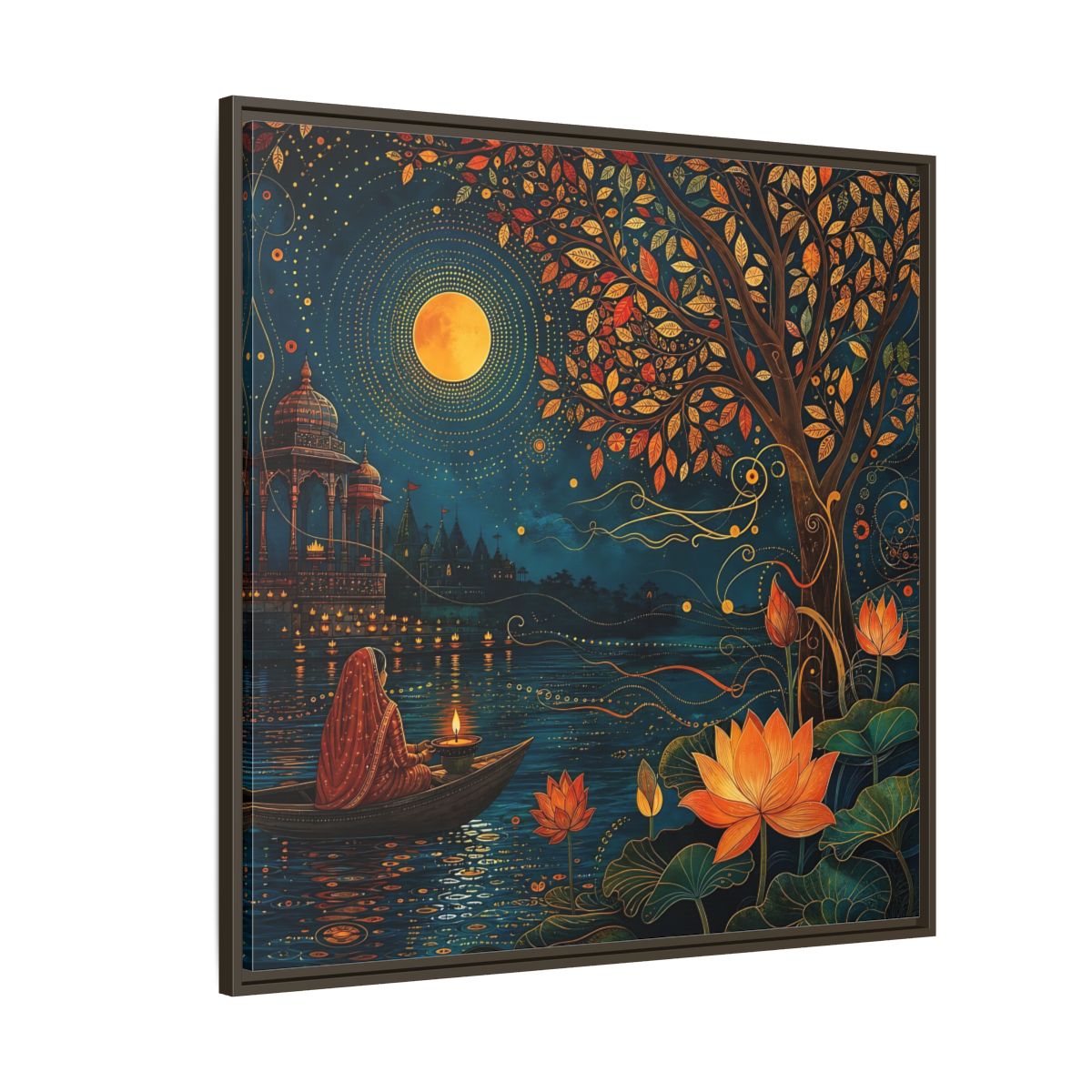 Side Mockup 5. Religious River Puja Indian Night Scene shown as stretched canvas wall art