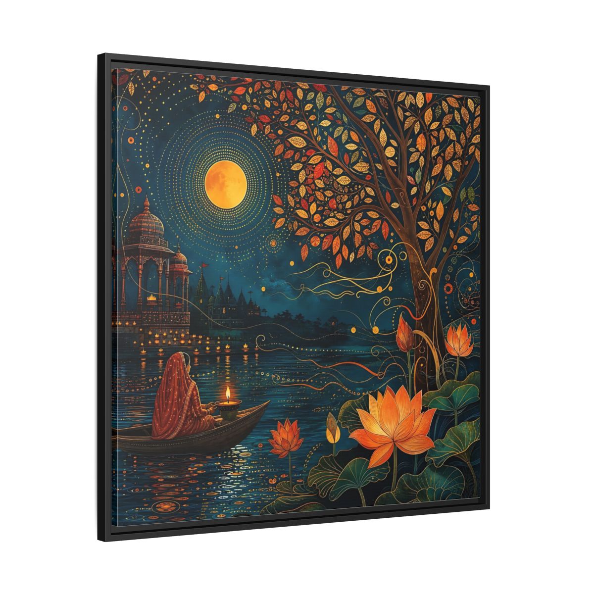 Side Mockup 30. Religious River Puja Indian Night Scene shown as stretched canvas wall art