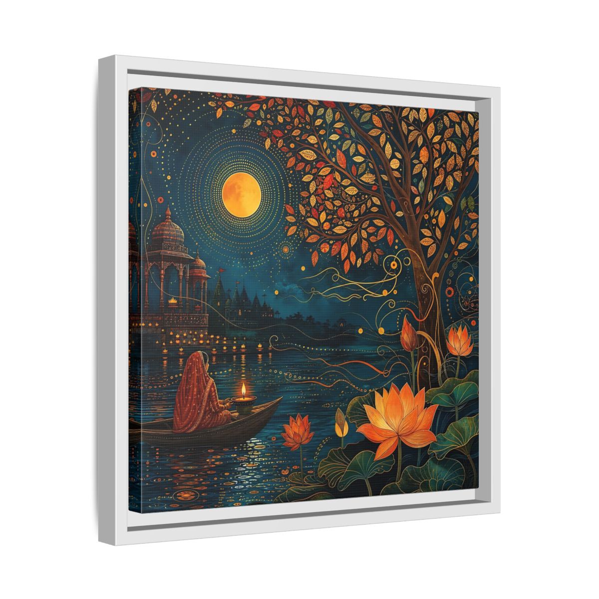 Side Mockup 28. Religious River Puja Indian Night Scene shown as stretched canvas wall art