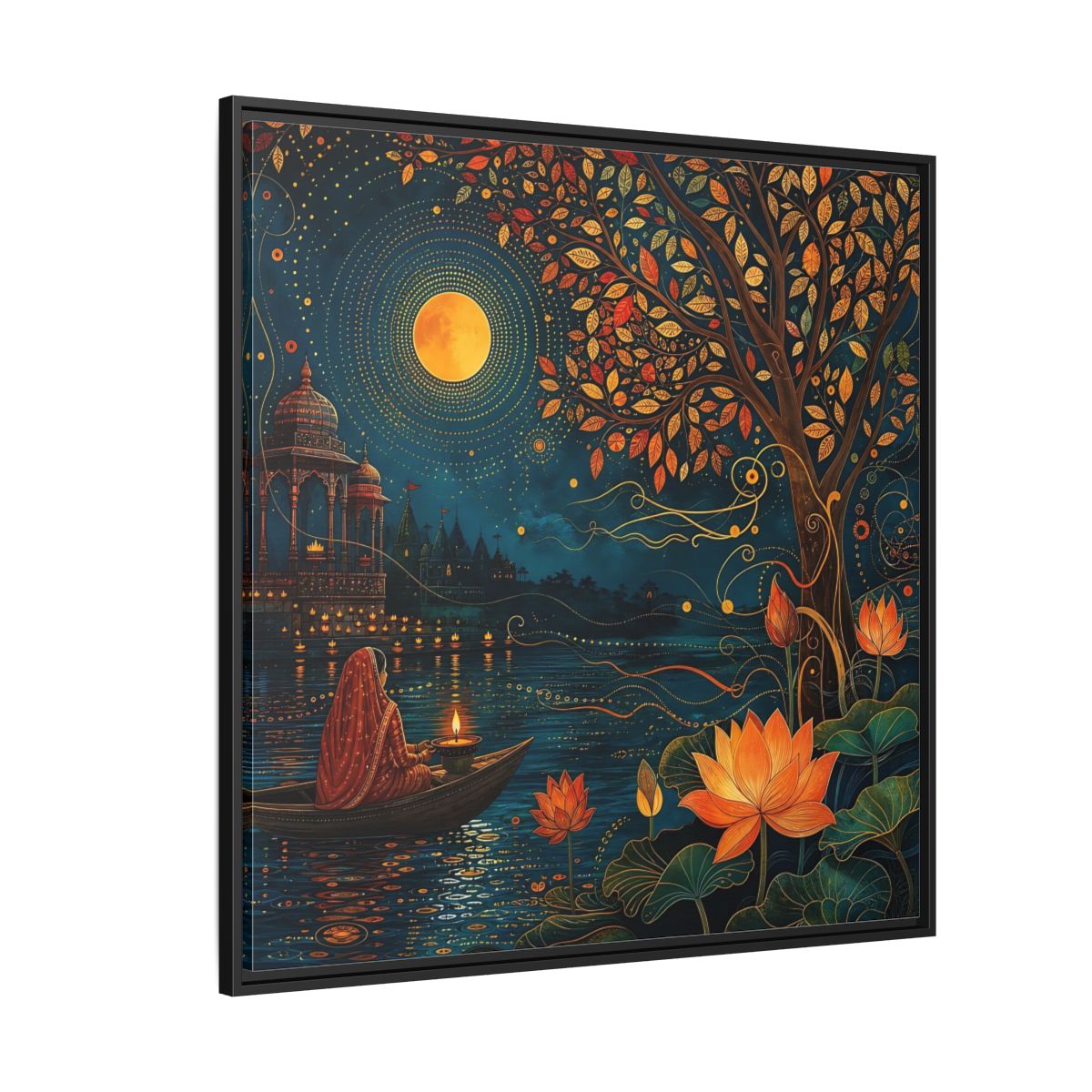 Side Mockup 6. Religious River Puja Indian Night Scene shown as stretched canvas wall art