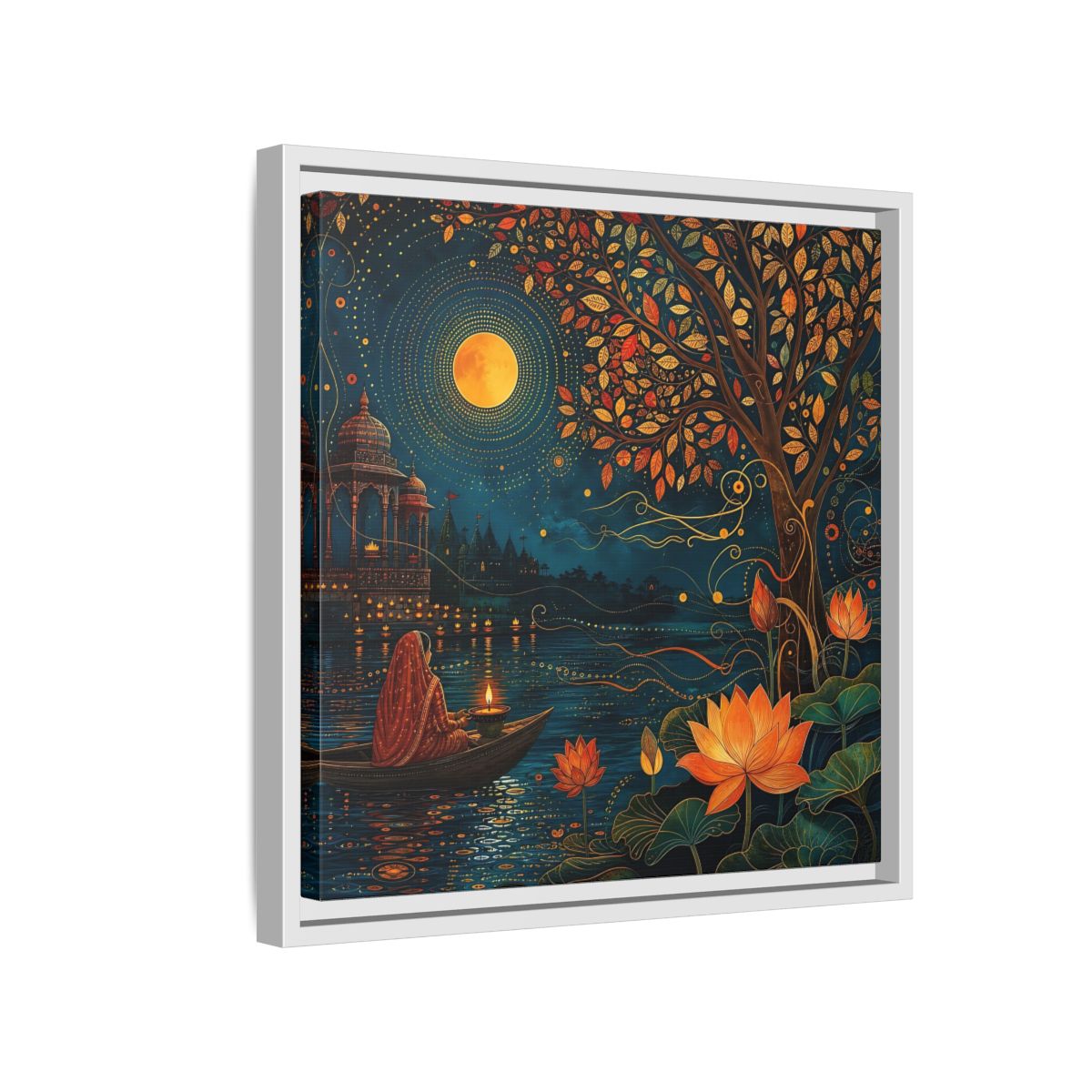 Side Mockup 13. Religious River Puja Indian Night Scene shown as stretched canvas wall art