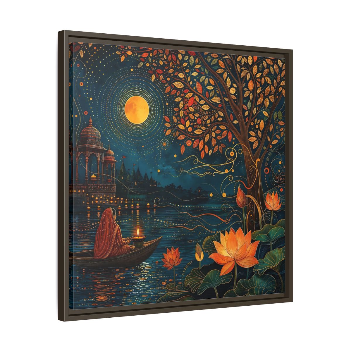 Side Mockup 27. Religious River Puja Indian Night Scene shown as stretched canvas wall art