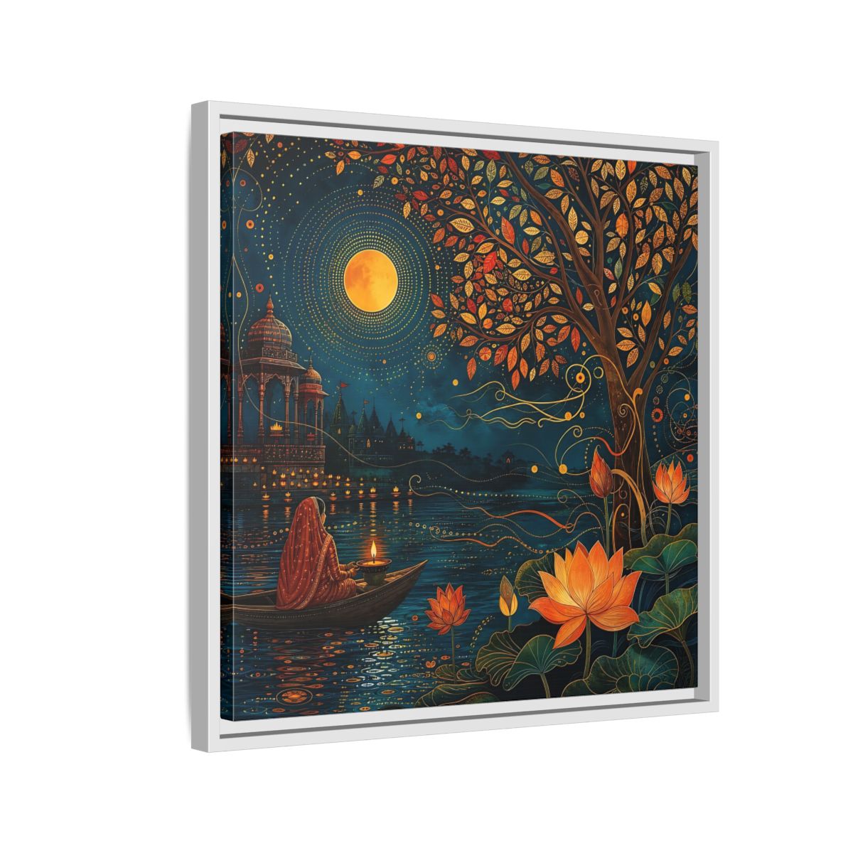 Side Mockup 10. Religious River Puja Indian Night Scene shown as stretched canvas wall art