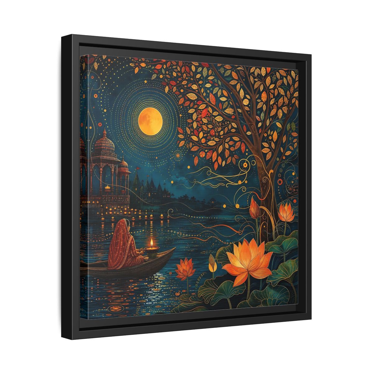Side Mockup 32. Religious River Puja Indian Night Scene shown as stretched canvas wall art