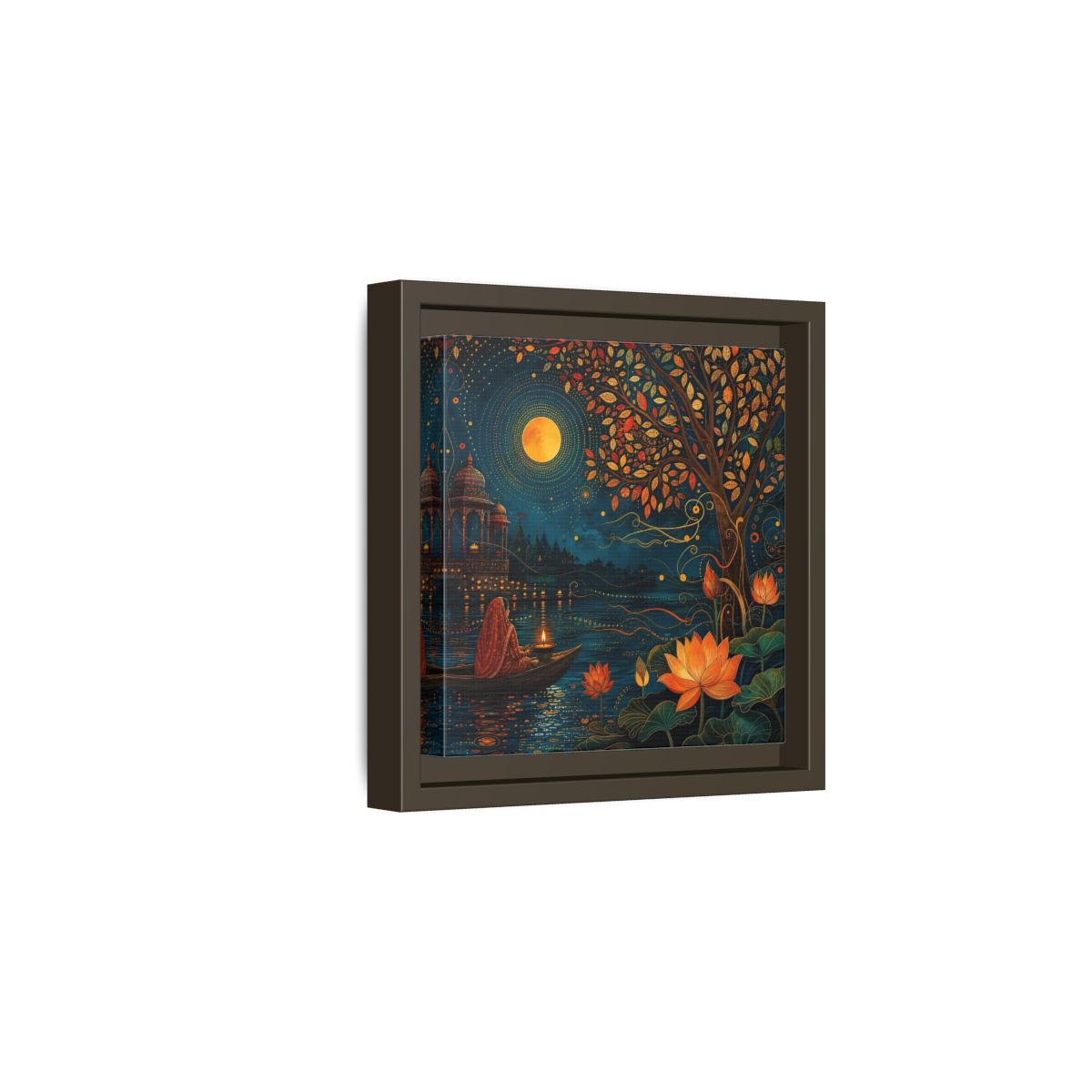 Side Mockup 2. Religious River Puja Indian Night Scene shown as stretched canvas wall art
