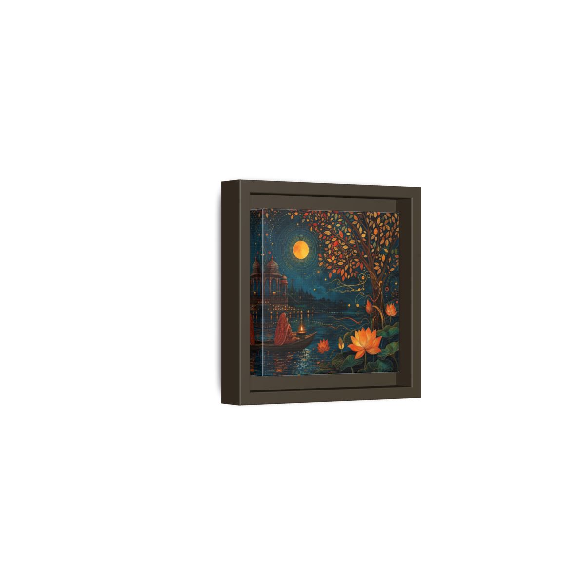 Side Mockup 23. Religious River Puja Indian Night Scene shown as stretched canvas wall art