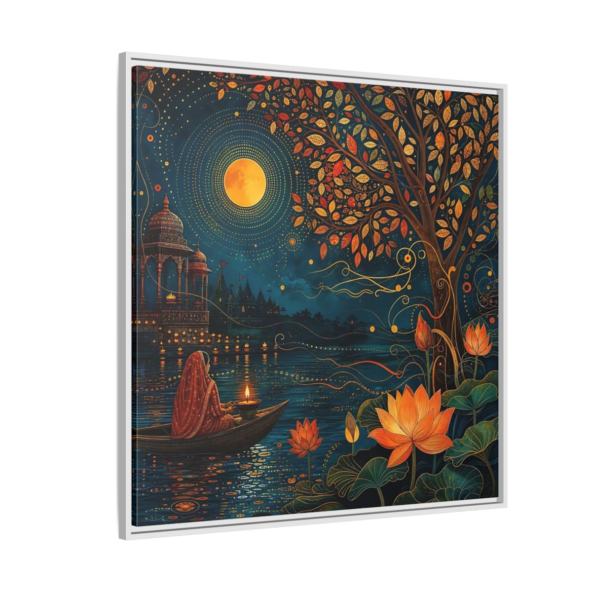 Side Mockup 4. Religious River Puja Indian Night Scene shown as stretched canvas wall art
