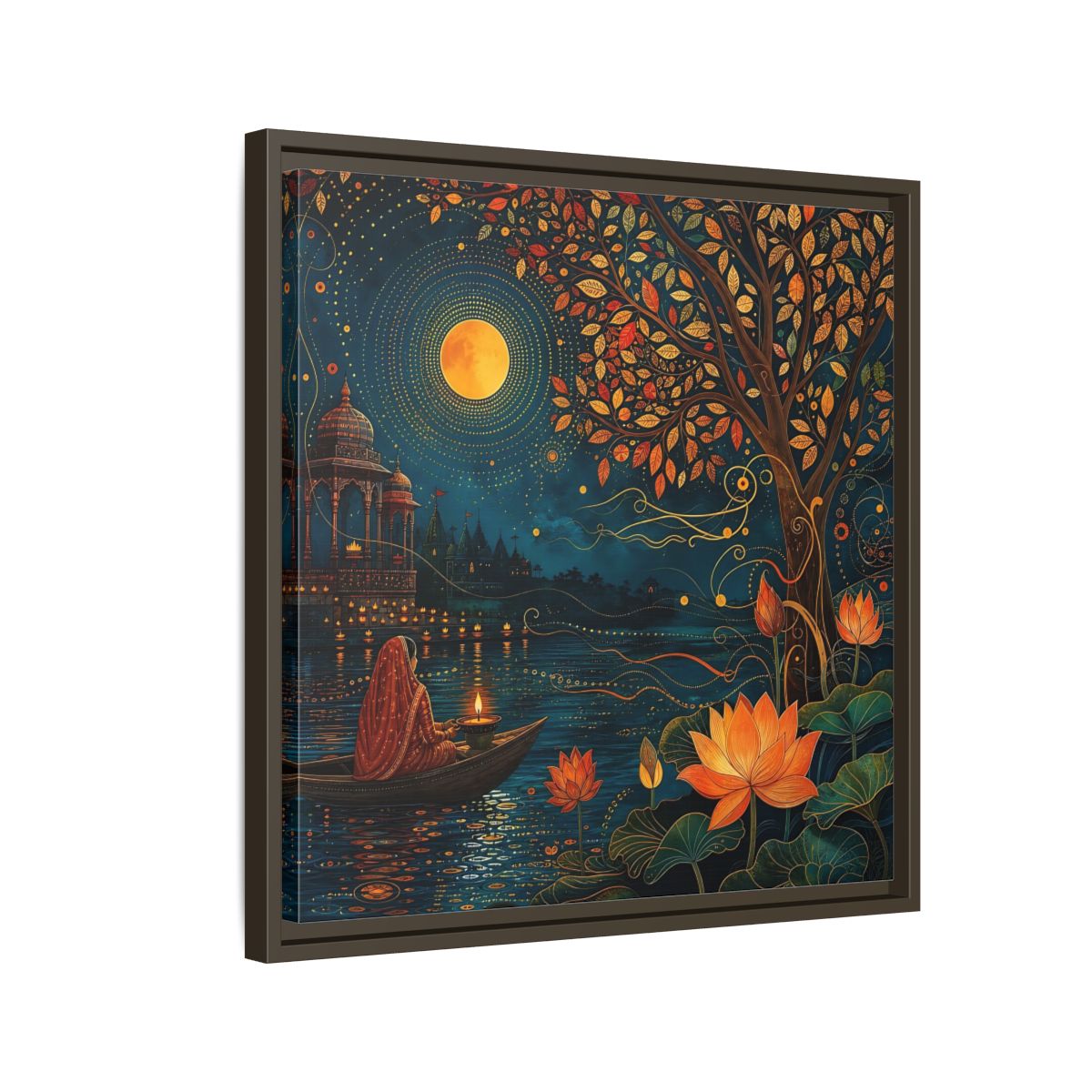 Side Mockup 11. Religious River Puja Indian Night Scene shown as stretched canvas wall art