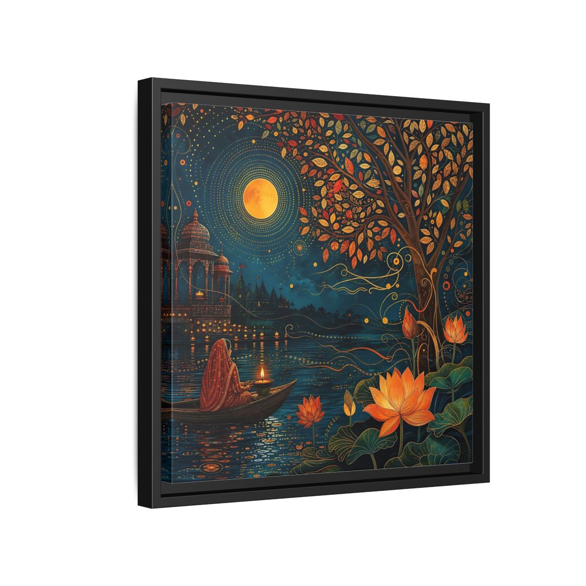 Side Mockup 15. Religious River Puja Indian Night Scene shown as stretched canvas wall art
