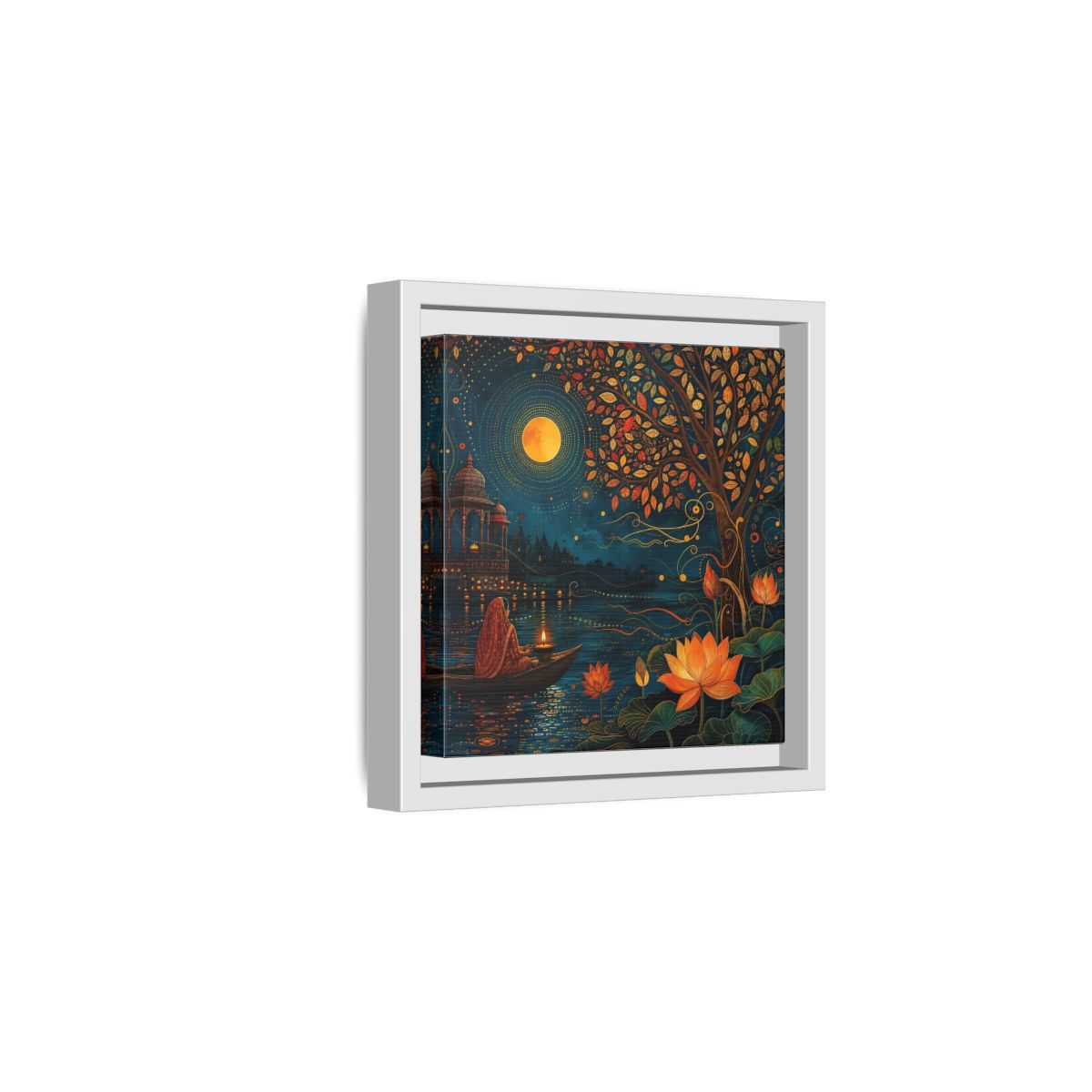 Side Mockup 1. Religious River Puja Indian Night Scene shown as stretched canvas wall art